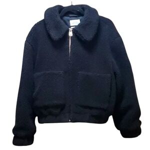 Urban Outfitters Black Cropped Teddy Zip-Up Jacket S